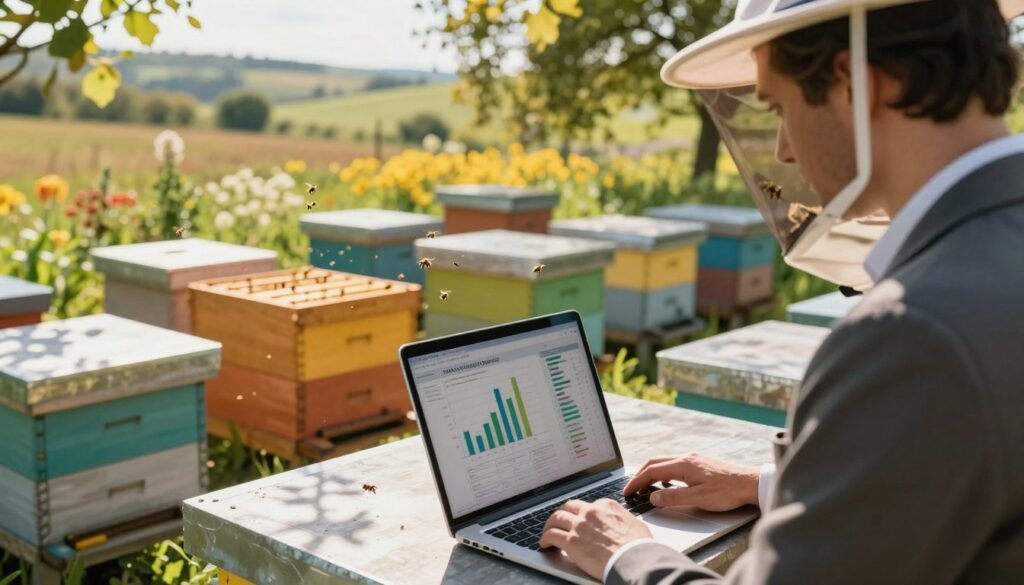 A small apiary workspace illustrating troubleshooting beekeeping data. In the foreground, a professional-looking person in business attire examines a laptop displaying intricate charts and graphs, focused on solving management challenges. The middle layer features colorful beehives arranged neatly, with bees buzzing around, symbolizing a thriving apiary. In the background, a serene landscape of flowering plants and distant rolling hills provides a natural setting, with sunlight filtering through the trees, casting dappled shadows. The mood is one of concentration and problem-solving, with warm, natural lighting enhancing the feeling of a productive, harmonious work environment. Capture this scene from a slightly elevated angle to provide depth and context. A small apiary workspace illustrating troubleshooting beekeeping data. In the foreground, a professional-looking person in business attire examines a laptop displaying intricate charts and graphs, focused on solving management challenges. The middle layer features colorful beehives arranged neatly, with bees buzzing around, symbolizing a thriving apiary. In the background, a serene landscape of flowering plants and distant rolling hills provides a natural setting, with sunlight filtering through the trees, casting dappled shadows. The mood is one of concentration and problem-solving, with warm, natural lighting enhancing the feeling of a productive, harmonious work environment. Capture this scene from a slightly elevated angle to provide depth and context.