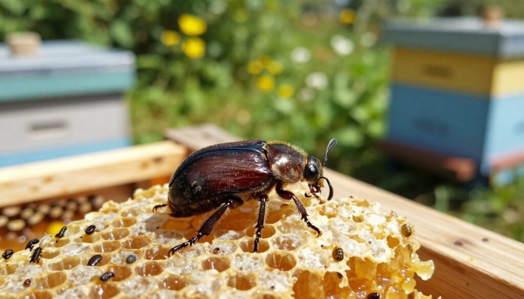A small hive beetle (Aethina tumida) positioned prominently in the foreground, showcasing its distinct features such as a dark brown, oval-shaped body with a slightly shiny texture. The beetle is resting on a piece of honeycomb, with bee larvae and honey visible, emphasizing its role as a pest in an apiary. In the middle ground, blurred outlines of beekeeping equipment like hives and tools create context. The background features a sunny, outdoor apiary setting with green foliage and soft-focus flowers, suggesting a natural environment. The image is brightly lit with warm sunlight, captured from a slight overhead angle to highlight the beetle's intricacies. The overall atmosphere conveys a sense of vigilance and awareness in bee conservation efforts.