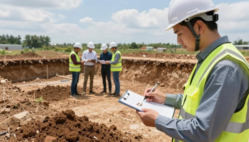 A soil analysis site displaying a diverse landscape, featuring a professional geologist in a hard hat and safety vest, examining soil samples in the foreground. The geologist holds a soil testing kit, carefully documenting findings on a clipboard, symbolizing diligent analysis. In the middle ground, a team of engineers gathers around an open soil pit, discussing soil layers with visible test pits cut into the earth, showcasing various soil compositions. The background reveals a sunny outdoor environment, with blue skies, scattered clouds, and distant trees indicating an industrial setting. Soft natural lighting enhances the scene, emphasizing earthy tones and textures. The overall mood is focused and professional, conveying a sense of diligence and precision in site selection and soil evaluation.
