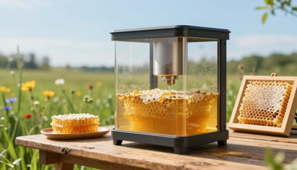 A solar wax melter in a serene outdoor setting, showcasing its sleek, modern design with transparent panels allowing sunlight to filter through. In the foreground, the melter is filled with golden beeswax, slowly melting under the sun's warm rays. Nearby, framed honeycomb sits on a rustic wooden table, highlighting the natural beauty of beekeeping. In the middle ground, lush green grass and colorful wildflowers enhance the peaceful atmosphere. The background features a clear blue sky, emphasizing a bright, sunny day. The scene is captured from a slightly elevated angle to give a comprehensive view of the melter, evoking a sense of tranquility and sustainability in nature. The lighting is soft and warm, casting gentle shadows, creating an inviting and harmonious mood.