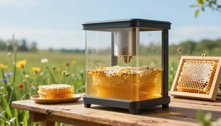 A solar wax melter in a serene outdoor setting, showcasing its sleek, modern design with transparent panels allowing