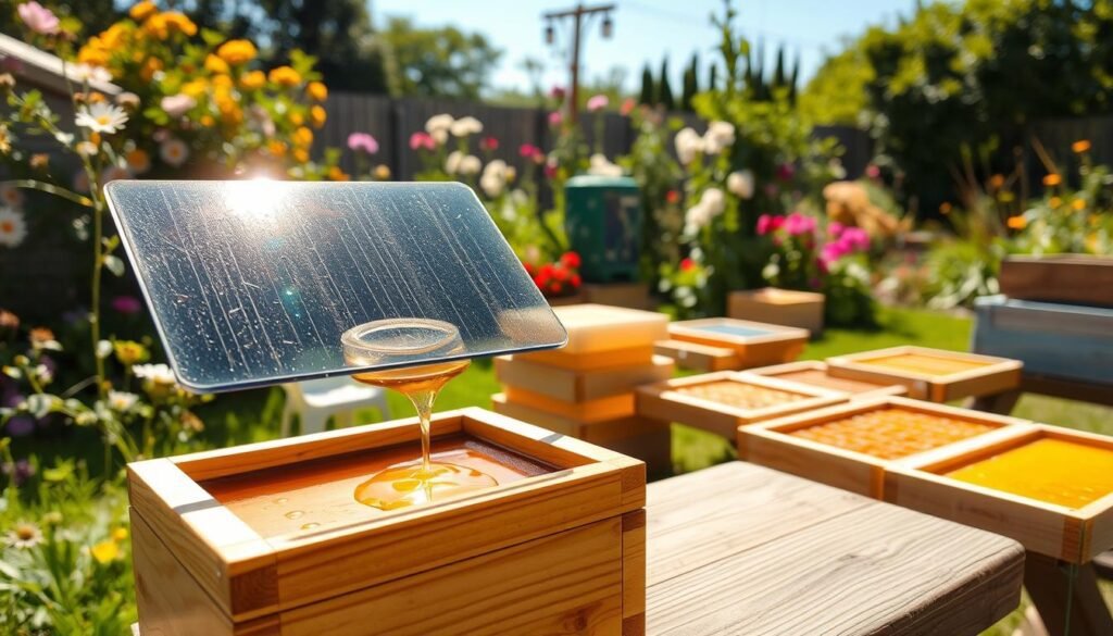 A solar wax melter positioned prominently in the foreground, showcasing its sleek, reflective glass top that captures sunlight. The melter is made of natural wood, harmoniously blending with the beekeeping theme. In the middle ground, various beeswax frames are neatly placed, surrounded by dripping golden wax reflecting sunlight. The background features a lush backyard garden, with blooming flowers, green grass, and a bright blue sky, creating a serene atmosphere. Soft sunlight enhances the scene, casting gentle shadows and highlighting the melter's details. The angle is slightly elevated, providing a clear view of the melter's functionality while emphasizing its practicality for backyard beekeepers. The mood is peaceful and productive, evoking a sense of sustainability and connection with nature.