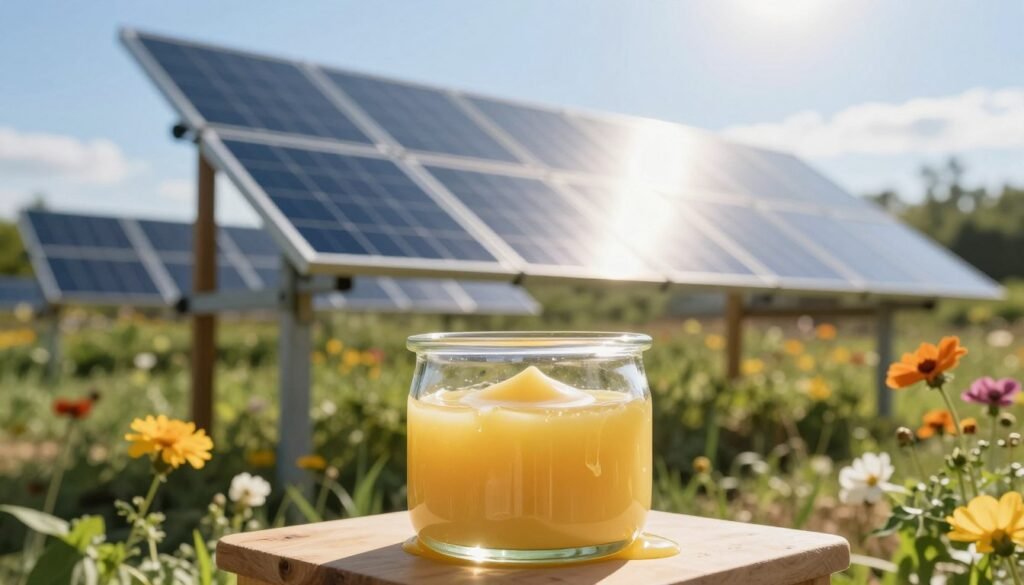 A solar wax melter prominently displayed in a serene outdoor setting. In the foreground, a polished glass container filled with melted beeswax glistens under the sunlight. The middle ground features a wooden frame supporting solar panels angled towards the sun, with bright sunlight reflecting off the panels. Surrounding the setup are vibrant flowers and greenery, contributing to an inviting, eco-friendly atmosphere. The background showcases a clear blue sky, enhancing the sense of tranquility. The image should have soft, natural lighting suggesting a warm, sunny day, with a focus on the melting process without any human presence or distracting elements. The overall mood is peaceful and harmonious, emphasizing sustainable practices in beekeeping.