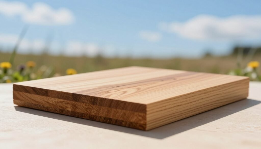 A solid bottom board designed for beekeeping, showcasing durable wooden construction with smooth, polished surfaces. The foreground features the board placed on a bright, sunlit surface, highlighting its solid design and craftsmanship. In the middle, include a subtle texture of the surrounding environment, such as grass and flowers, reflecting a sunny, hot climate. The background consists of a clear blue sky with a few wispy clouds, emphasizing the warm atmosphere. The image is captured with a shallow depth of field to focus on the bottom board, using soft, natural lighting to create a warm and inviting mood. The overall composition should feel professional and informative, suitable for an educational context.