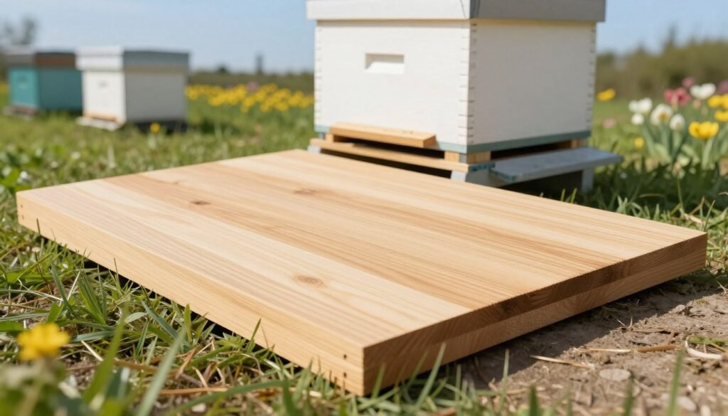 A solid bottom board for beekeeping, showcased prominently in a bright, well-lit setting. In the foreground, display the smooth, rectangular wooden surface of the bottom board, highlighting its natural wood grain texture and sturdy construction. In the middle, place a hive box resting securely on top of the solid bottom board, inviting viewers to observe the seamless integration. In the background, depict a serene apiary scene with green grass and blooming flowers, under a clear blue sky. Use soft, natural lighting to create a warm and inviting atmosphere, emphasizing the functionality and aesthetic appeal of the solid bottom board. The angle should be slightly elevated to give a comprehensive view of the setup, ensuring the focus remains on the bottom board itself. A solid bottom board for beekeeping, showcased prominently in a bright, well-lit setting. In the foreground, display the smooth, rectangular wooden surface of the bottom board, highlighting its natural wood grain texture and sturdy construction. In the middle, place a hive box resting securely on top of the solid bottom board, inviting viewers to observe the seamless integration. In the background, depict a serene apiary scene with green grass and blooming flowers, under a clear blue sky. Use soft, natural lighting to create a warm and inviting atmosphere, emphasizing the functionality and aesthetic appeal of the solid bottom board. The angle should be slightly elevated to give a comprehensive view of the setup, ensuring the focus remains on the bottom board itself.
