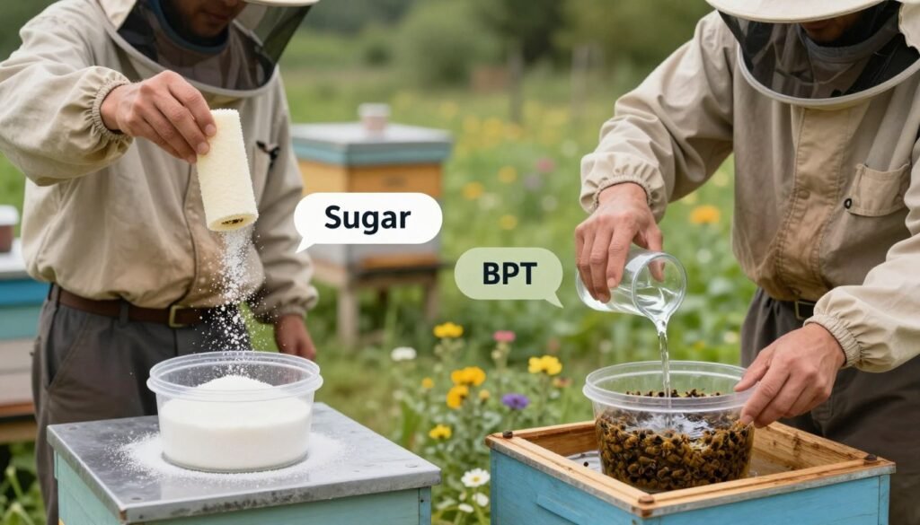 A split image showcasing the core differences between sugar roll and alcohol wash methods for Varroa testing. On the left (foreground), a beekeeper in modest casual clothing demonstrates the sugar roll method, using a clear container filled with sugar, emphasizing granules suspended around Varroa mites. On the right (foreground), the alcohol wash method is illustrated with another beekeeper, also in modest casual clothing, pouring a clear liquid into a container filled with bees. The middle ground merges both methods with informative visual cues, highlighting their respective tools and containers. The background shows a natural beekeeping setting with hives and flowers, under soft natural lighting to create a calm atmosphere. The angle captures both subjects dynamically from a slightly elevated position for clarity.