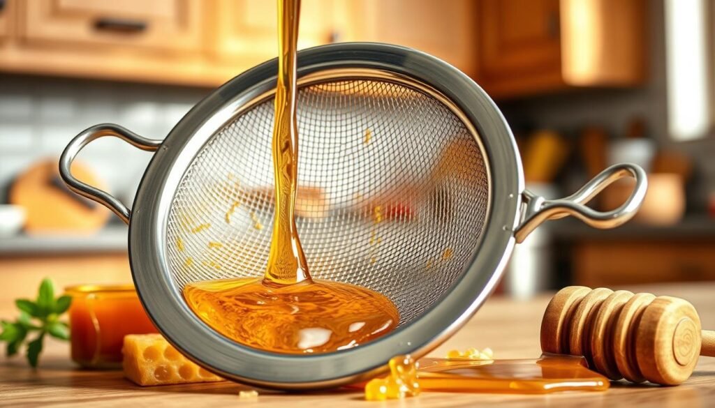 A stainless steel honey strainer is elegantly displayed in the foreground, showcasing its sleek design and fine mesh screen. The strainer is partially filled with glistening, golden raw honey dripping slowly, and honeycombs can be seen nearby, emphasizing its usage. In the middle ground, a wooden honey dipper rests beside the strainer, adding a rustic touch. The background is softly blurred, suggesting a warm kitchen with wooden cabinets and natural light filtering through a window, creating a cozy atmosphere. The lighting highlights the reflective surface of the stainless steel, enhancing the image's quality and detail. The angle is slightly tilted for a dynamic view, inviting the viewer to appreciate the craftsmanship and functionality of the strainer.