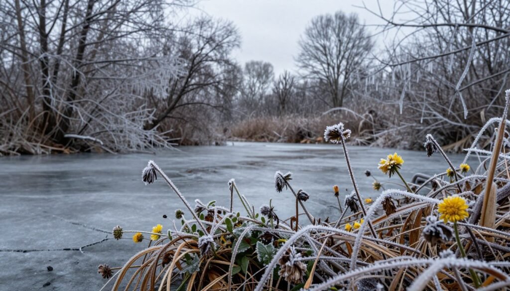 A stark winter landscape depicting the impact of cold snaps on natural environments. In the foreground, a close-up of frost-covered plants and flowers, some wilting and others vibrant yet resilient, illustrating the tension between survival and the harshness of cold. In the middle ground, a frozen pond with cracked ice, surrounded by barren trees, their branches glistening with icicles, emphasizing the chilling grip of winter. In the background, a gray overcast sky casts a muted light, creating a somber atmosphere. The scene is captured with a shallow depth of field, focusing on the plants while softly blurring the distant trees, evoking a sense of isolation and environmental stress. The overall mood is stark yet beautiful, highlighting the delicate balance of nature in extreme conditions.