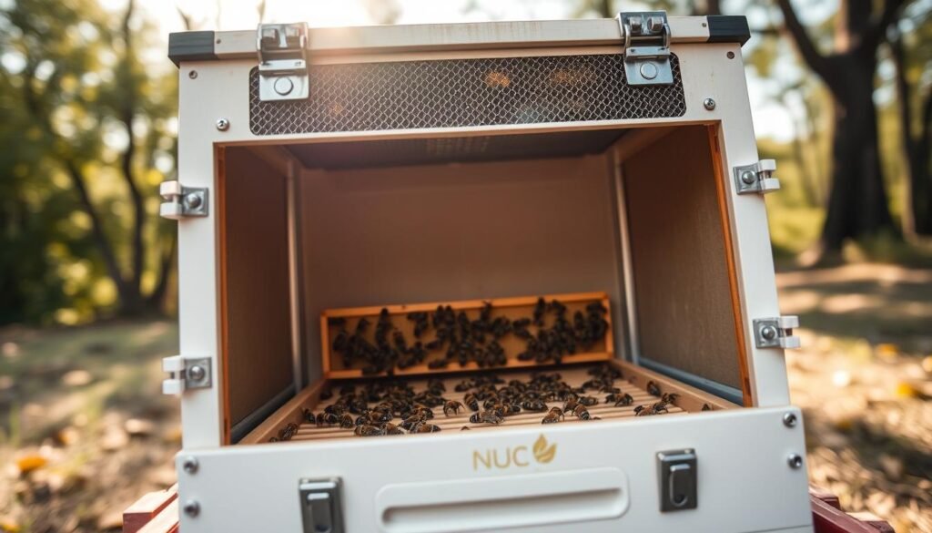 A sturdy NUC box designed for transporting honeybees, prominently displayed in the foreground, featuring a mesh ventilation system and secure latches, ensuring safety during transit. The middle ground showcases an open box, revealing carefully arranged honeycomb frames, filled with live bees, with their vibrant yellow-and-black bodies visible. The background is a serene outdoor setting with soft daylight filtering through trees, creating a warm and inviting atmosphere, symbolizing nature's harmony. The scene is captured from a low angle to emphasize the importance of safety and ventilation, with a focus on clarity and detail, resulting in a bright, uplifting mood. A sturdy NUC box designed for transporting honeybees, prominently displayed in the foreground, featuring a mesh ventilation system and secure latches, ensuring safety during transit. The middle ground showcases an open box, revealing carefully arranged honeycomb frames, filled with live bees, with their vibrant yellow-and-black bodies visible. The background is a serene outdoor setting with soft daylight filtering through trees, creating a warm and inviting atmosphere, symbolizing nature's harmony. The scene is captured from a low angle to emphasize the importance of safety and ventilation, with a focus on clarity and detail, resulting in a bright, uplifting mood.