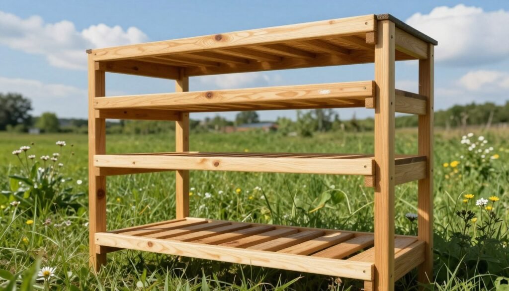 A sturdy wooden slatted rack designed for outdoor use, prominently displayed in the foreground, showcasing its multi-level shelves ideal for beekeeping equipment. Each slat is well-defined, with a natural wood grain, displaying a slight gloss from sunlight. In the middle ground, lush green grass creates a serene, vibrant natural environment, while delicate flowering plants hint at a productive beekeeping season. The background features a clear blue sky and fluffy white clouds, emphasizing a sunny summer day. The scene should be brightly lit, mimicking the warmth of midday sun, enhancing the textures of the wood. The mood is calm and inviting, perfect for illustrating efficient hive management during summer months.
