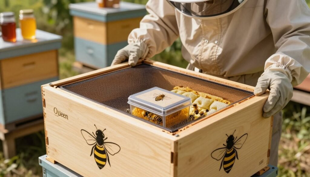 A styled queen shipping box designed for transporting live queen bees. The foreground features the box, elegantly branded with bee motifs, adorned with a secure mesh ventilation screen, allowing for optimal airflow. Inside, nestled safely among soft padding, lies a small, well-protected queen bee container. In the middle ground, a beekeeper in professional attire inspects the box, showcasing meticulous care in the shipping process. The background includes a warm, sunlit workshop filled with beekeeping equipment, such as hives and jars of honey, adding context to the scene. The lighting is bright and natural, highlighting the box’s details and creating a calm, professional atmosphere. The angle is slightly above eye level, providing a comprehensive view of the setup, emphasizing safety and quality in queen bee transportation.