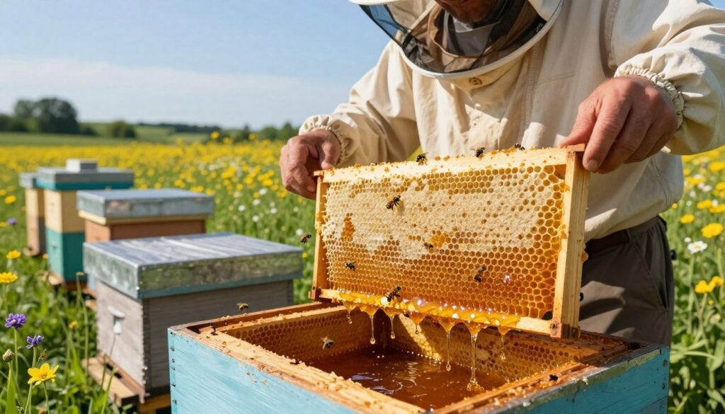 A sunny, idyllic beekeeping scene where a skilled beekeeper, dressed in professional beekeeping attire, gently harvests ripe honey from a wooden beehive. In the foreground, close-up details showcase golden honeycombs dripping with thick, amber honey, glistening in the warm sunlight. The middle ground features the beekeeper carefully using a honey extractor, with bees buzzing around, and a few open beehive boxes revealing more honey-filled frames. In the background, a vibrant meadow bursts with wildflowers and lush green grass under a clear blue sky, creating a serene atmosphere. The lighting is bright and natural, casting soft shadows to enhance the textures of the honeycomb and the beekeeper's focused expression, evoking a sense of quality and care in honey harvesting practices.