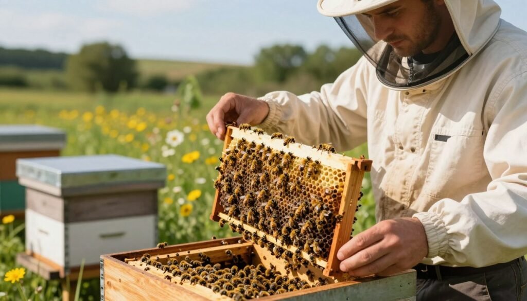 A sunny outdoor scene depicting a beekeeper in professional attire, inspecting a wooden hive filled with package bees. In the foreground, the beekeeper is carefully holding a frame of bees, with a focus on the vibrant yellow and black bees working industriously. The middle ground features an open hive with bees actively coming and going, surrounded by blooming wildflowers. The background showcases a soft-focus landscape with lush greenery and a clear blue sky, conveying a serene and natural atmosphere. The lighting is warm and bright, creating a positive and informative mood. The composition highlights the beekeeper's attentive expression, emphasizing the importance of understanding whether to medicate package bees. A sunny outdoor scene depicting a beekeeper in professional attire, inspecting a wooden hive filled with package bees. In the foreground, the beekeeper is carefully holding a frame of bees, with a focus on the vibrant yellow and black bees working industriously. The middle ground features an open hive with bees actively coming and going, surrounded by blooming wildflowers. The background showcases a soft-focus landscape with lush greenery and a clear blue sky, conveying a serene and natural atmosphere. The lighting is warm and bright, creating a positive and informative mood. The composition highlights the beekeeper's attentive expression, emphasizing the importance of understanding whether to medicate package bees.