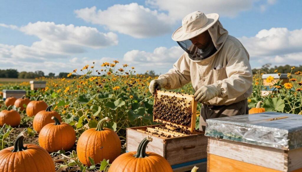 A sunny rural landscape with a professional beekeeper in modest casual clothing, inspecting a hive adorned with buzzing bees. In the foreground, vibrant pumpkin fields stretch out, showcasing bright orange pumpkins that are in need of pollination. The beekeeper, wearing a protective hat and veil, carefully opens the hive, revealing the intricate structure and activity of the busy bees inside. The middle ground features lush green foliage and blooming wildflowers that attract swarms of bees, while the background captures a clear blue sky dotted with fluffy white clouds. The lighting is warm and natural, casting soft shadows and creating an inviting atmosphere, evoking a sense of harmony between agriculture and nature.