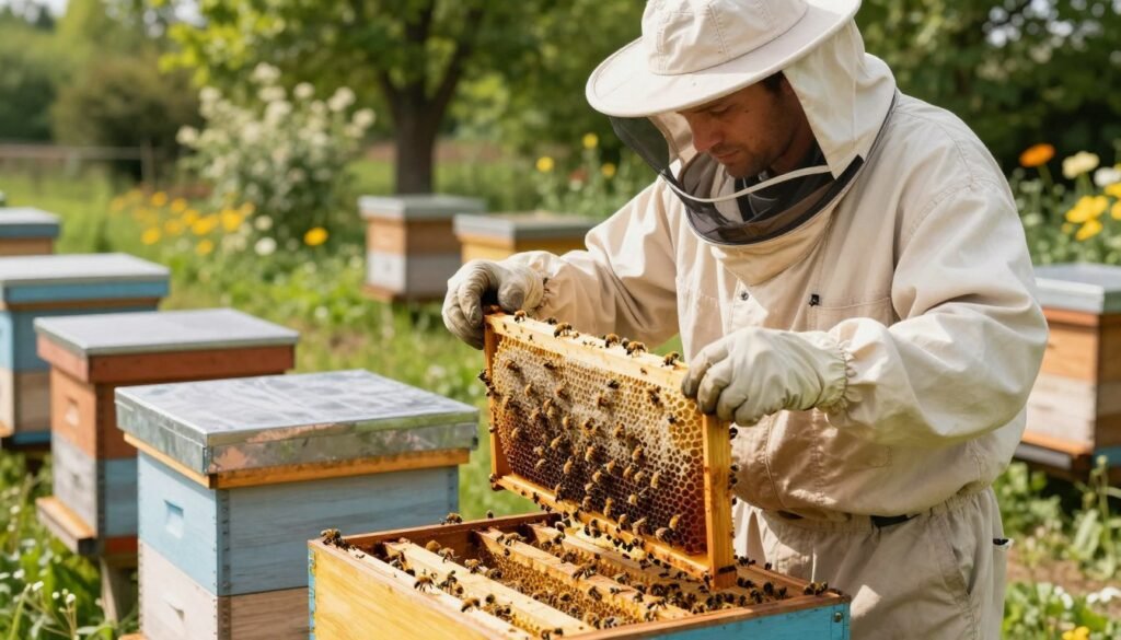 A sunny, vibrant beekeeping scene in an apiary, focusing on a meticulous beekeeper in a light-colored beekeeping suit examining healthy hives with a keen expression. The foreground features close-up details of bees buzzing around the hives, showcasing activity and vitality. In the middle ground, several wooden hives are neatly arranged, some opened to reveal healthy frames of honeycomb filled with brood and honey. The background includes lush green trees and flowering plants, indicative of a healthy ecosystem. The lighting is warm and natural, evoking a sense of optimism and health. The overall mood is one of vigilance and responsible care, emphasizing proactive measures in beekeeping.