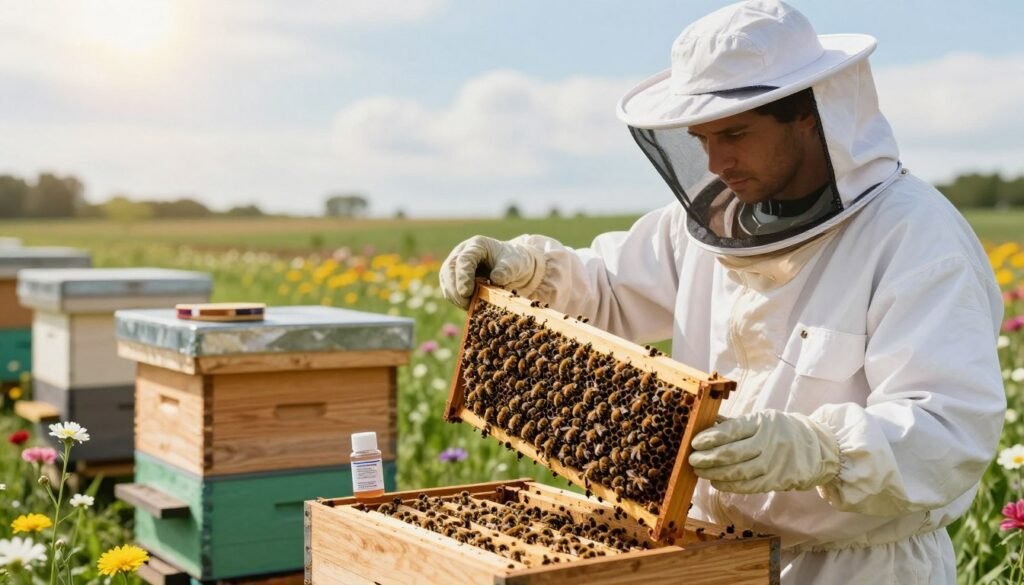 A sustainable beekeeping scene focused on managing Varroa mite populations. In the foreground, a beekeeper in a white protective suit, wearing a veil, is gently inspecting a hive, holding a frame filled with bees while looking thoughtfully at it. In the middle, the well-maintained wooden beehive is surrounded by blooming flowers and green grass, enhancing the harmonious relationship between bees and their environment. The background features a sunny sky with soft clouds, radiating a warm, inviting light that highlights the scene's tranquility. Capture the essence of sustainable practices, showcasing tools like a mite testing kit and natural treatments discreetly placed nearby. The overall mood should convey care, responsibility, and a dedication to protecting bee health without harm.