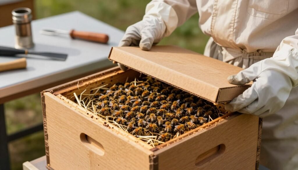 A thoughtfully arranged scene featuring a box of live bees being safely packaged for local pickup. In the foreground, a sturdy, well-ventilated cardboard hive box is open, revealing gently buzzing honey bees nestled in natural straw, showcasing their vibrant golden and black stripes. In the middle, a pair of gloved hands, wearing a professional beekeeper's suit, carefully secure the lid, emphasizing safety practices. The background features a tidy workbench adorned with beekeeping tools such as a smoker and a hive tool, illuminated with soft, natural lighting that casts warm highlights. The atmosphere is calm and focused, reflecting best practices in handling live bees. The image should be captured from a slightly elevated angle to provide a comprehensive view of the packaging process, ensuring a sense of professionalism and care.