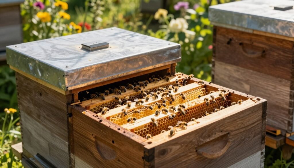 A top bar hive with ventilation features prominently in the foreground, showing neatly arranged honeycomb and bees actively working. The middle layer includes the hive's specially designed roof, crafted for optimal airflow, with visible air vents. Bees are clustered around the entrance, demonstrating natural behavior. The background presents a sunny garden environment with lush greenery and blooming flowers, creating a vibrant and inviting atmosphere. The lighting is warm and natural, emphasizing the honey's golden glow and the busy activity of the bees. The angle is slightly above eye level, providing a comprehensive perspective on the top bar hive structure and its ventilation system, instilling a sense of harmony between nature and beekeeping practices.
