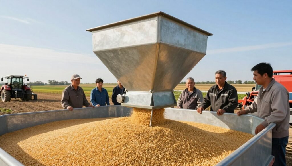A top feeder designed for large-scale operations dominates the foreground, showcasing its robust structure with vibrant, high-quality materials. The feeder, made of galvanized steel and featuring smooth, curved edges, is filled with golden grains. In the middle ground, various agricultural workers in professional attire inspect the feeder, their focused expressions indicating efficiency and teamwork. The background illustrates a vast farm landscape under a clear blue sky, with sprawling fields and additional farming equipment subtly visible. Soft sunlight filters through, creating a warm, productive atmosphere that emphasizes the feeder's role in maximizing output. The composition is shot at a slightly elevated angle, capturing the scale and importance of the top feeder in modern agriculture.