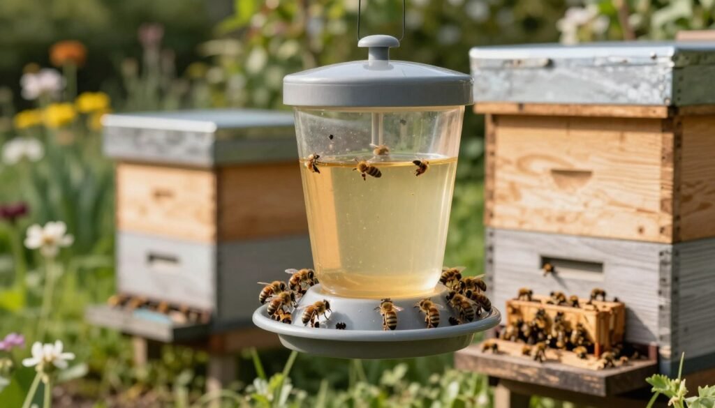 A top feeder for a beehive prominently displayed in the foreground, crafted from durable, weather-resistant plastic with a clear, transparent reservoir revealing light golden syrup inside. Surrounding the feeder, several newly installed bee packages are buzzing with activity, showcasing worker bees diligently gathering nourishment. In the middle ground, a classic wooden beehive with a fresh coat of paint stands, its entrance adorned with bees coming and going. The background features a lush, green garden with blooming flowers, creating a harmonious and vibrant atmosphere. The scene is lit by soft, warm sunlight, casting gentle shadows, and creating a tranquil yet industrious mood. Shot with a shallow depth of field to emphasize the feeder and bees in crisp focus, while the background remains slightly blurred.