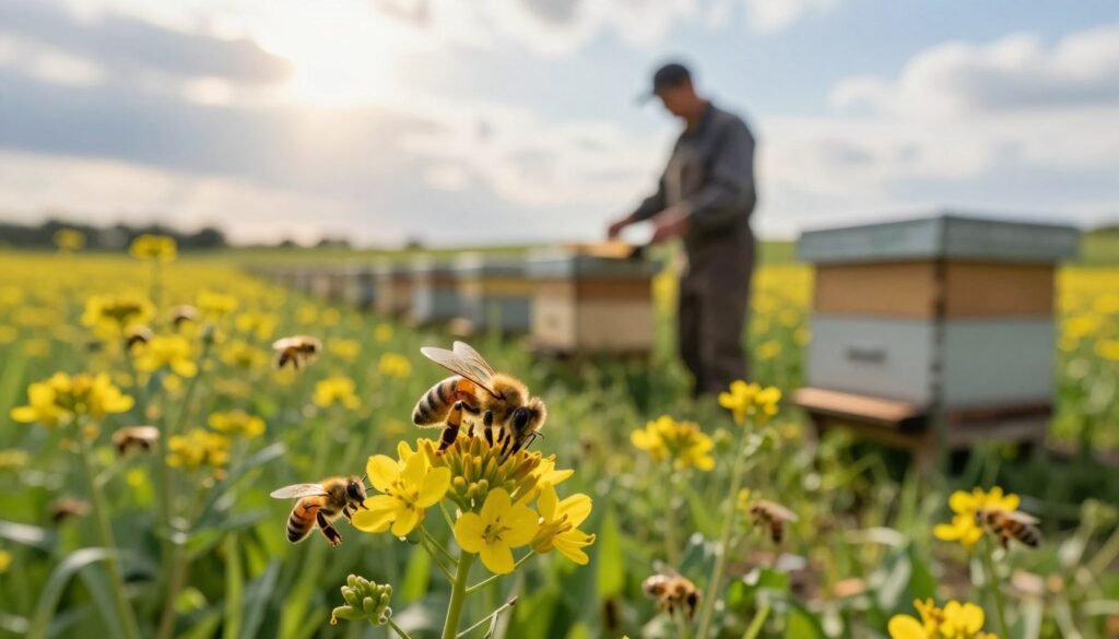 A tranquil agricultural scene featuring a vibrant field of blooming flowers, with a focus on bees actively pollinating amidst lush greenery. In the foreground, a cluster of bees can be seen in intricate detail, showcasing their fuzzy bodies and delicate wings as they gather nectar. The middle ground includes a farmer in professional attire, inspecting a nearby beehive with care, emphasizing responsible pesticide application practices. The background reveals soft, diffused sunlight filtering through light clouds, casting a warm glow over the landscape. The lighting is natural and inviting, with a gentle breeze creating a dynamic sense of movement. The atmosphere is one of harmony and balance, highlighting the importance of mitigating risks associated with pesticide applications while ensuring the health of both crops and bees.