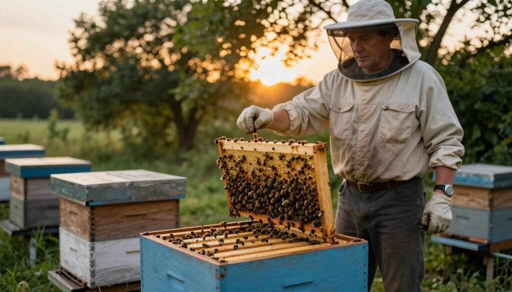 A tranquil apiary scene at dusk, showcasing a beehive with bees actively working around it, while a vigilant beekeeper in modest casual clothing stands protectively nearby. The foreground features the hive, with bees entering and exiting energetically. In the middle ground, the beekeeper, aged approximately 30-40, is observing the surroundings with a watchful expression, holding a protective tool in one hand. The background is lush with greenery, softly illuminated by warm, golden light filtering through the trees. The mood is calm yet alert, captured from a slightly low angle to emphasize the hive's importance. The image conveys a sense of protection and vigilance against robbers, with a focus on the harmonious relationship between nature and the beekeeper.
