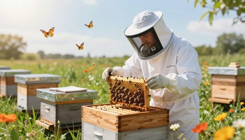 A tranquil apiary scene featuring a knowledgeable bee expert in professional attire, attentively inspecting beehives. In the foreground, lush green grass and vibrant flowers surround well-maintained wooden hives, exhibiting signs of careful management. The middle ground shows the expert wearing protective gear, gently examining healthy bees, while a notebook and tools are nearby, representing strategic planning and treatment methods. The background portrays a bright, sunny sky with soft, diffused lighting, emphasizing a serene atmosphere of effective pest management. A few butterflies flutter nearby, symbolizing a healthy ecosystem in which bees thrive. The overall mood should convey hope and positivity, showcasing successful management and treatment strategies for bees suffering from Trembling Bees Disease.