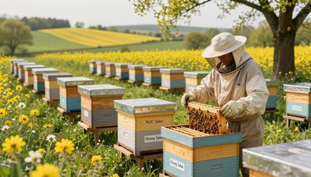 A tranquil farm setting in spring that showcases the concept of balancing multiple revenue streams in honey production. In the foreground, a beekeeper in professional attire tends to an active hive, surrounded by vibrant flowers attracting bees, symbolizing pollination contracts. The middle ground features rows of hives, each labeled with income sources like "NUC Sales" and "Honey Sales," artistically integrated into the beehive design. In the background, rolling hills and fields in full bloom illustrate the lush environment, with soft sunlight filtering through the trees, creating a warm, inviting atmosphere. Capture this scene with a soft focus lens effect, emphasizing the harmony between nature, bees, and agricultural revenue streams, evoking a sense of balance and prosperity.