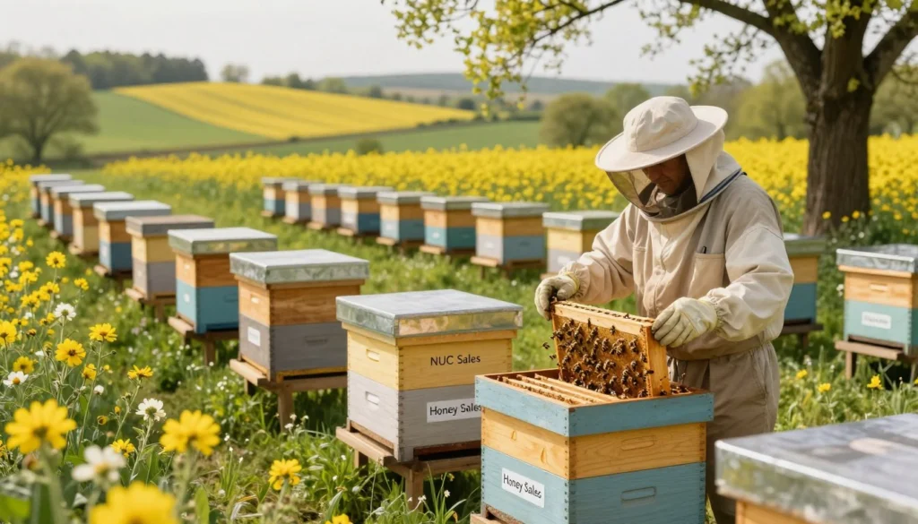 A tranquil farm setting in spring that showcases the concept of balancing multiple revenue streams in honey production