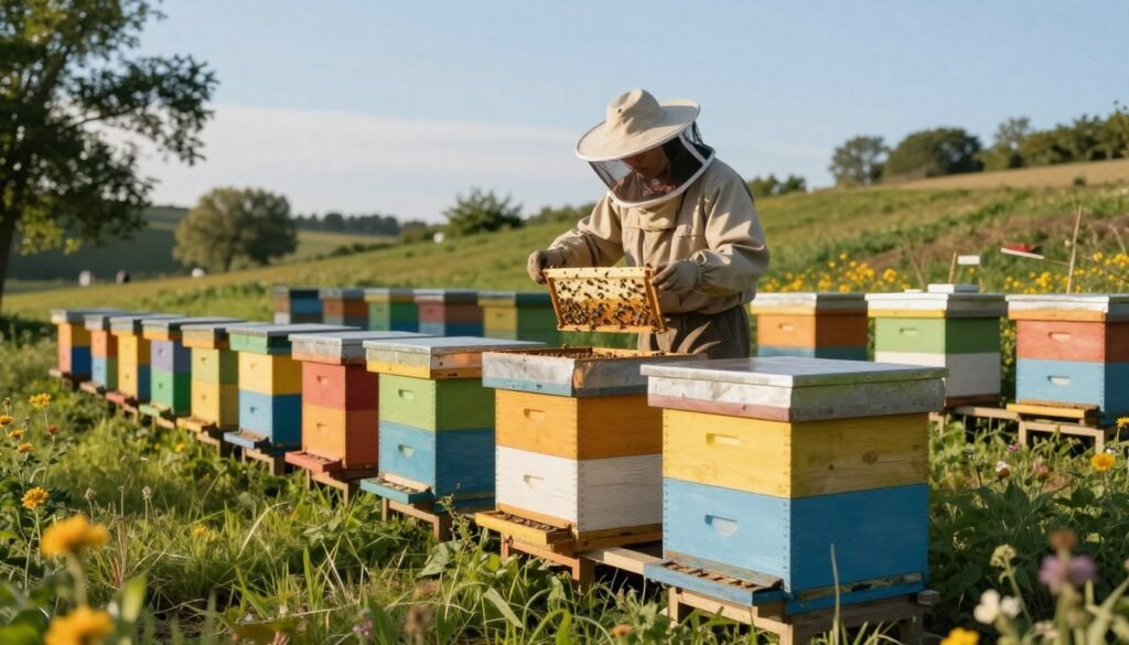 A tranquil new nuc yard with beekeeping setups in soft afternoon light, showcasing wooden hives with bees buzzing harmoniously around them. The foreground features a neatly arranged row of colorful hives, painted in vibrant hues, surrounded by lush green grass and flowering plants that attract pollinators. In the middle, a professional in modest casual clothing examines the hives, holding a frame with bees, demonstrating effective management techniques to prevent drifting. The background shows a gently sloping landscape with trees and a clear blue sky, adding depth and a sense of serenity. Soft shadows cast by the golden light create an inviting atmosphere, emphasizing the importance of maintaining controlled environments in nuc yards.