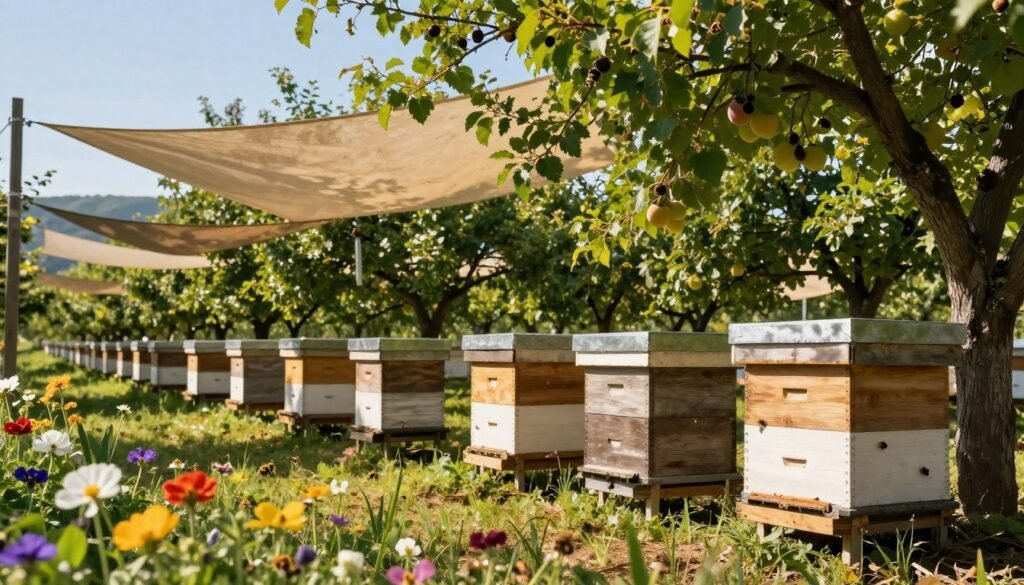 A tranquil orchard scene showcasing a hive surrounded by strategically placed shade elements, such as large trees and fabric canopies. In the foreground, vibrant flowers bloom, attracting bees, while the hives stand prominently, with gentle sunlight filtering through the leaves above, creating dappled light effects on the ground. The middle-ground features a variety of fruit trees, their lush foliage providing essential cooling for the hives, and a soft breeze carries the aroma of ripening fruit. In the background, distant hills roll gently under a clear blue sky. The atmosphere is serene and harmonious, reflecting the importance of providing shade for the health and productivity of bee colonies. The lighting should evoke a warm afternoon glow, captured with a wide-angle lens for depth and focus on the hives. A tranquil orchard scene showcasing a hive surrounded by strategically placed shade elements, such as large trees and fabric canopies. In the foreground, vibrant flowers bloom, attracting bees, while the hives stand prominently, with gentle sunlight filtering through the leaves above, creating dappled light effects on the ground. The middle-ground features a variety of fruit trees, their lush foliage providing essential cooling for the hives, and a soft breeze carries the aroma of ripening fruit. In the background, distant hills roll gently under a clear blue sky. The atmosphere is serene and harmonious, reflecting the importance of providing shade for the health and productivity of bee colonies. The lighting should evoke a warm afternoon glow, captured with a wide-angle lens for depth and focus on the hives.