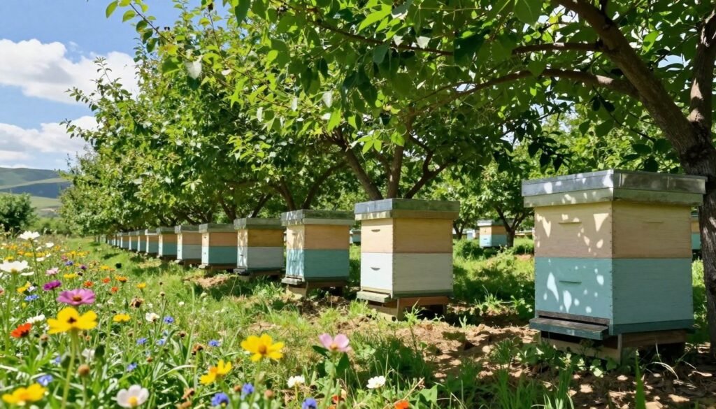 A tranquil orchard scene with beehives strategically positioned under a natural canopy of lush green trees, providing shade and protection. In the foreground, vibrant flowers bloom, attracting bees, while the neatly arranged hives are painted in pastel colors, blending harmoniously with the surroundings. The middle ground features dappled sunlight filtering through the leafy branches, creating playful patterns on the ground. Soft shadows add depth, enhancing the serene atmosphere. In the background, rolling hills stretch into the distance, under a clear blue sky with fluffy white clouds. The image is captured from a low angle, emphasizing the hives and the protective canopy above, evoking a sense of safety and harmony in nature. The mood is peaceful and inviting, promoting a sense of balance between agriculture and ecological stewardship. A tranquil orchard scene with beehives strategically positioned under a natural canopy of lush green trees, providing shade and protection. In the foreground, vibrant flowers bloom, attracting bees, while the neatly arranged hives are painted in pastel colors, blending harmoniously with the surroundings. The middle ground features dappled sunlight filtering through the leafy branches, creating playful patterns on the ground. Soft shadows add depth, enhancing the serene atmosphere. In the background, rolling hills stretch into the distance, under a clear blue sky with fluffy white clouds. The image is captured from a low angle, emphasizing the hives and the protective canopy above, evoking a sense of safety and harmony in nature. The mood is peaceful and inviting, promoting a sense of balance between agriculture and ecological stewardship.