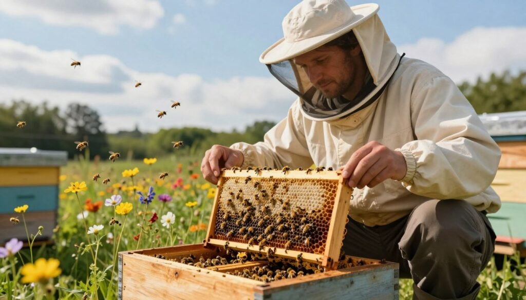 A tranquil outdoor scene depicting a beekeeper in professional attire, crouched beside a wooden beehive, observing the bees during their second and third weeks of growth. The foreground features the beekeeper inspecting a frame filled with emerging brood and honeycomb, demonstrating attention to detail. In the middle ground, colorful wildflowers bloom near the hive, while bees are seen actively flying around, indicating a healthy colony. The background shows a bright blue sky with soft white clouds and distant trees, suggesting a peaceful environment. The lighting is warm and inviting, evoking a sense of optimism and growth. Capture the moment from a slightly low angle to emphasize the beekeeper's connection with nature and the bees. A tranquil outdoor scene depicting a beekeeper in professional attire, crouched beside a wooden beehive, observing the bees during their second and third weeks of growth. The foreground features the beekeeper inspecting a frame filled with emerging brood and honeycomb, demonstrating attention to detail. In the middle ground, colorful wildflowers bloom near the hive, while bees are seen actively flying around, indicating a healthy colony. The background shows a bright blue sky with soft white clouds and distant trees, suggesting a peaceful environment. The lighting is warm and inviting, evoking a sense of optimism and growth. Capture the moment from a slightly low angle to emphasize the beekeeper's connection with nature and the bees.