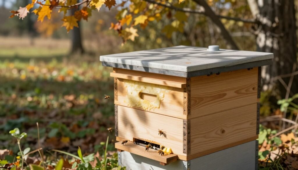 A tranquil outdoor scene showcasing a well-crafted thermal protection nuc box designed for beekeeping, set against a backdrop of autumn leaves. In the foreground, the nuc box is detailed with wooden textures, insulated walls, and a secure lid, adorned with subtle beeswax finishes. The middle ground features gentle sunlight filtering through nearby trees, casting dappled light on the box. A few bees can be seen buzzing comfortably around the entrance, hinting at the warmth within. The background emphasizes a serene landscape of fading summer blooms, signaling the approach of winter. The mood is calm and protective, evoking a sense of security for the bee colony. The composition should be shot from a slightly elevated angle to capture both the box and the surrounding environment harmoniously.