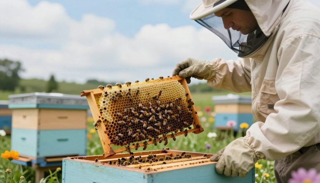 A tranquil outdoor setting depicting a beekeeper inspecting a hive, with a focus on the queen bee. In the foreground, the beekeeper, dressed in a professional bee suit with a veil, gently holds a frame with bees clustered around the queen. The middle ground features the wooden hive, painted in pastel colors, surrounded by vibrant flowers and greenery, creating a harmonious environment. The background shows a clear blue sky partially obscured by soft, fluffy clouds, indicating a calm day. Soft, diffused lighting reveals the bees' iridescent wings, creating an atmosphere of serenity and diligence. The angle is slightly elevated to capture the action and interaction between the bees and the beekeeper, emphasizing the importance of inspection timing in fostering a healthy hive.