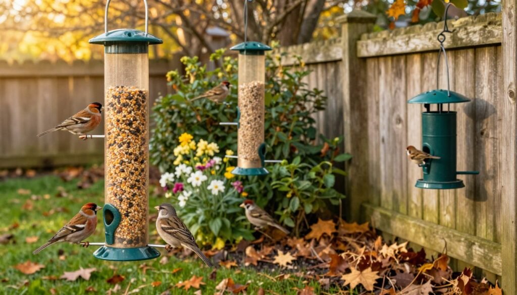 A tranquil outdoor setting depicting a seasonal feeder strategy, showcasing three types of feeders: a top feeder, a frame feeder, and a pail feeder. In the foreground, the top feeder is filled with vibrant grains, attracting colorful birds like finches and sparrows. The middle ground features the frame feeder nestled among blooming flowers and lush greenery. Flanking the right side, the pail feeder is set against a rustic wooden fence, surrounded by fallen autumn leaves. Soft, golden sunlight filters through the trees, creating a warm, inviting atmosphere. The image is captured from a slight low angle, adding depth and highlighting the natural elements. The scene conveys a harmonious connection with nature, enhancing the idea of effective supplemental feeding strategies throughout the seasons.
