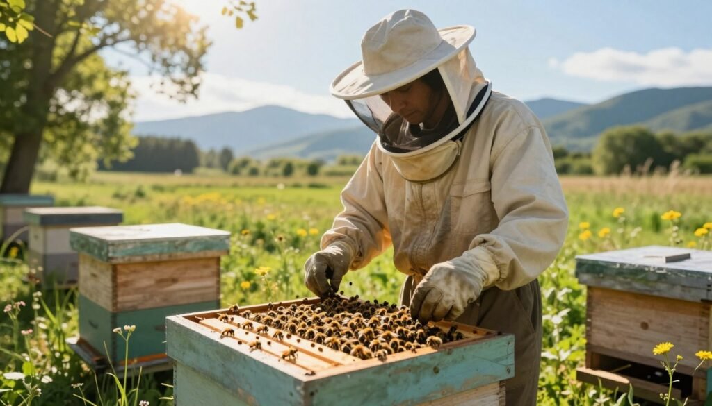 A tranquil scene depicting migratory beekeeping with a focus on stress reduction for bee colonies. In the foreground, an open beehive reveals vibrant bees foraging and working peacefully. The middle ground showcases an experienced beekeeper, dressed in professional attire, gently inspecting the hives, demonstrating care and expertise. Surrounding the hives are lush green fields and wildflowers, offering a natural habitat. In the background, softly blurred mountains under a bright blue sky convey a sense of serenity. Warm, golden sunlight filters through the trees, casting gentle shadows, creating a calm and nurturing atmosphere. The composition emphasizes harmony between the beekeeper and the bees, highlighting the importance of stress reduction techniques in migratory beekeeping practices.