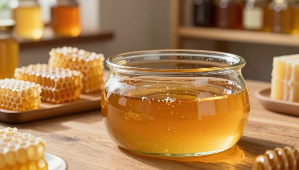 A tranquil scene inside a honey settling tank, showcasing the golden liquid in various stages of clarity. In the foreground, a clear glass tank filled with rich amber honey, slightly cloudy at the bottom transitioning to a gleaming, translucent layer at the top. Tiny air bubbles rise slowly, casting soft reflections on the surface. In the middle ground, delicate honeycombs are artistically arranged on a wooden table, illuminated by warm, diffused sunlight, enhancing the golden hues. The background features blurred shelves stocked with jars of honey and natural beeswax, adding depth and context. The overall mood is warm and inviting, conveying a sense of balance and tranquility, as soft shadows create a gentle atmosphere. The image captures the essence of clarity in honey, emphasizing the beauty of the settling process.
