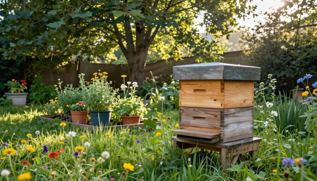 A tranquil scene of a permanent hive location set in a lush, green backyard during early morning light. In the foreground, a well-constructed wooden beehive stands on a sturdy wooden platform, surrounded by vibrant wildflowers and tall grass. The middle ground features a small garden with pots of herbs and flowering plants, enhancing the ecosystem for bees. In the background, tall trees with sunlit leaves create a natural canopy, filtering soft rays of sunshine that illuminate the area. The atmosphere is calm and serene, evoking a sense of harmony with nature. The composition captures an inviting angle, with an emphasis on the hive as the focal point. Use soft, natural lighting to enhance the warmth and vibrancy of the scene.
