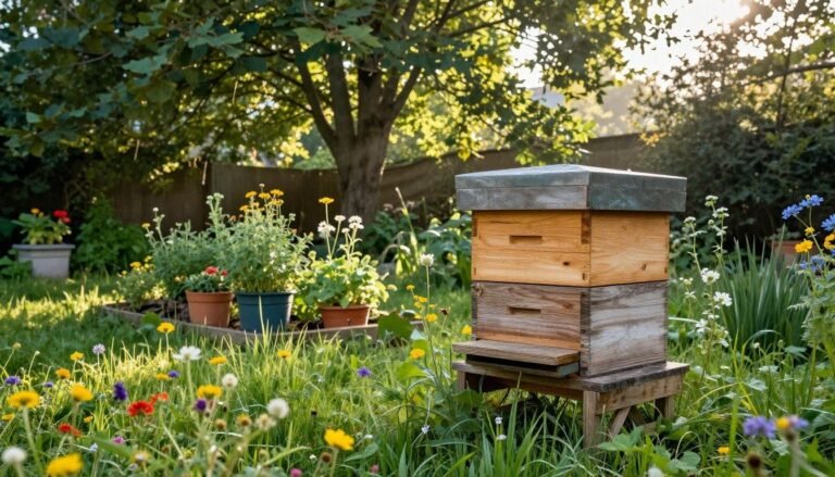 A tranquil scene of a permanent hive location set in a lush, green backyard during early morning light