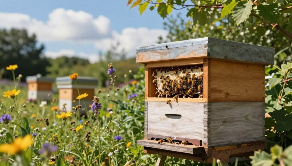 A tranquil scene showcasing a bait hive for bees set in a lush garden. In the foreground, a well-constructed wooden bait hive with a hinged roof, painted in natural hues, is adorned with bees buzzing around it. The middle ground features vibrant wildflowers and greenery, attracting the bees and enhancing the biodiversity. Soft sunlight filters through the leaves, casting gentle shadows that add warmth to the setting. In the background, a blue sky dotted with fluffy white clouds creates an inviting atmosphere. The focal point is clear, highlighting the importance of the bait hive in promoting colony security. The overall mood is peaceful and harmonious, emphasizing the connection between nature and beekeeping. A tranquil scene showcasing a bait hive for bees set in a lush garden. In the foreground, a well-constructed wooden bait hive with a hinged roof, painted in natural hues, is adorned with bees buzzing around it. The middle ground features vibrant wildflowers and greenery, attracting the bees and enhancing the biodiversity. Soft sunlight filters through the leaves, casting gentle shadows that add warmth to the setting. In the background, a blue sky dotted with fluffy white clouds creates an inviting atmosphere. The focal point is clear, highlighting the importance of the bait hive in promoting colony security. The overall mood is peaceful and harmonious, emphasizing the connection between nature and beekeeping.