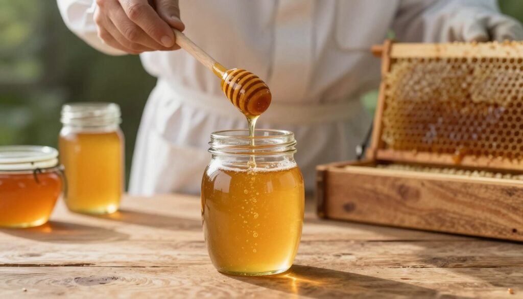 A tranquil scene showcasing the proper techniques for settling honey before bottling. In the foreground, a glass honey jar filled with golden honey is placed on a rustic wooden table, with tiny air bubbles rising slowly to the surface. The middle ground features a skilled beekeeper, dressed in clean, professional attire, gently stirring another jar of honey with a wooden honey dipper, emphasizing careful attention to detail. The background displays beekeeping equipment and a soft-focus honeycomb structure, hinting at the natural origin of the honey. Soft, warm lighting illuminates the scene, casting gentle reflections off the honey's surface and creating an inviting, serene atmosphere. The angle captures the essence of craftsmanship and dedication to quality. A tranquil scene showcasing the proper techniques for settling honey before bottling. In the foreground, a glass honey jar filled with golden honey is placed on a rustic wooden table, with tiny air bubbles rising slowly to the surface. The middle ground features a skilled beekeeper, dressed in clean, professional attire, gently stirring another jar of honey with a wooden honey dipper, emphasizing careful attention to detail. The background displays beekeeping equipment and a soft-focus honeycomb structure, hinting at the natural origin of the honey. Soft, warm lighting illuminates the scene, casting gentle reflections off the honey's surface and creating an inviting, serene atmosphere. The angle captures the essence of craftsmanship and dedication to quality.
