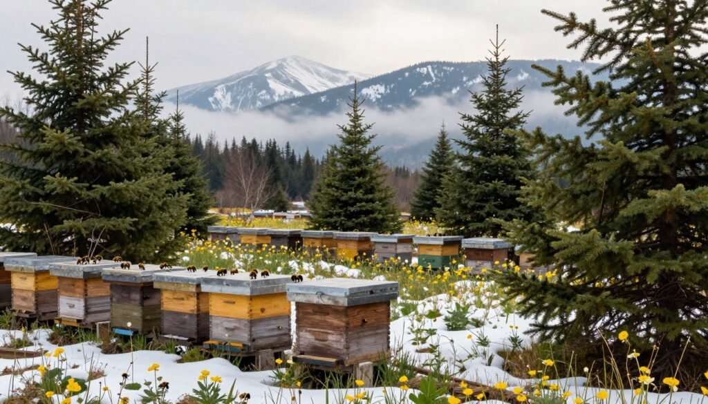 A tranquil winter landscape depicting a thriving microclimate for honey bee survival. In the foreground, a cluster of beehives surrounded by a protective layer of evergreen trees, creating a natural windbreak. Bees can be seen gently buzzing around, indicating activity, even in the cold. The middle ground features a patch of wildflower blooms peeking through the snow, providing nourishment for the bees. In the background, soft snow-capped mountains shrouded in mist, diffusing soft daylight that casts a gentle glow over the scene. The atmosphere is serene yet vibrant, capturing a sense of resilience and harmony in nature. The composition is taken from a slightly elevated angle, showcasing both the hives and the surrounding protective landscape, with a focus on peaceful coexistence and survival instincts.
