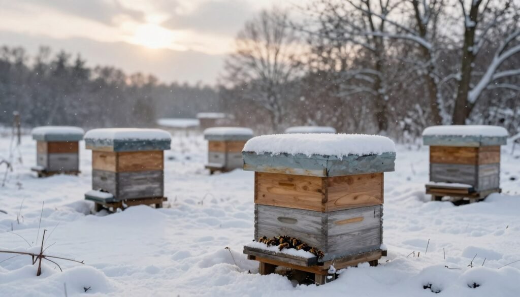 A tranquil winter scene depicting a beehive surrounded by a snowy landscape, illustrating the theme of protecting honeybee colonies during colder months. In the foreground, a well-insulated beehive with bees clustered around the entrance, indicative of winter survival. The middle ground features a gently falling snow, creating a serene atmosphere. In the background, leafless trees and a muted sky enhance the chill of winter, with soft sunlight breaking through clouds to cast a warm glow. The overall mood is one of calm, safety, and resilience, capturing the essence of beekeeping in winter. The image should be viewed at a slightly elevated angle to encapsulate the entire scene, enhancing depth and perspective.