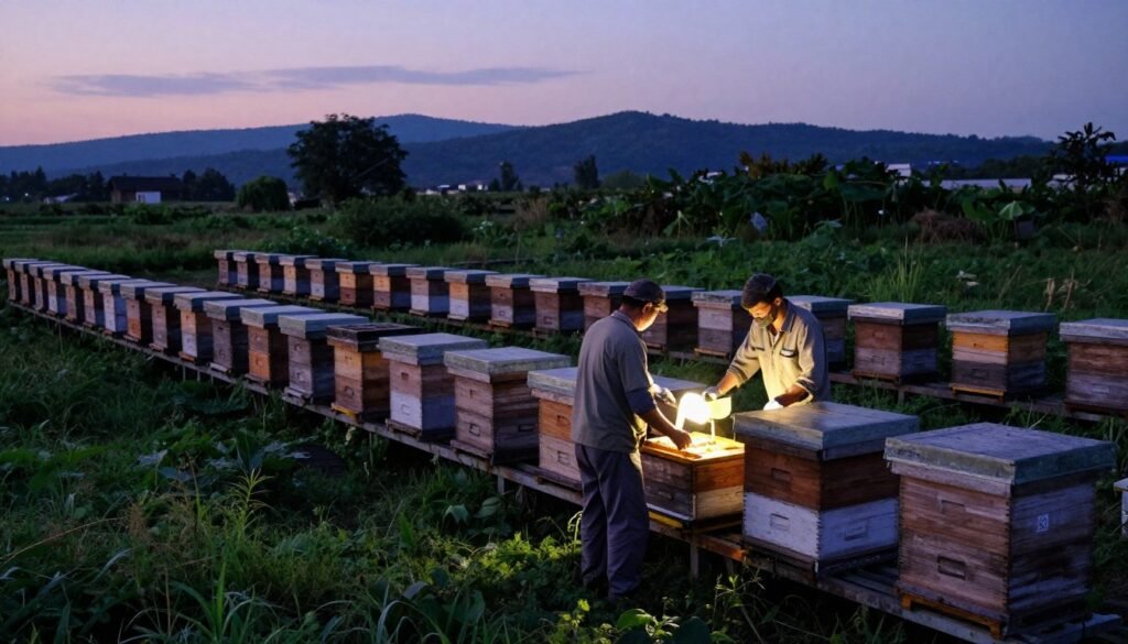 A transport ventilation bee yard at twilight, showcasing neatly arranged beehives ready for nighttime movement. In the foreground, a crew of two professionals in modest casual clothing meticulously inspects the equipment for secure transport, with a focus on gentle lighting that highlights their concentration. The middle ground features rows of wooden hives, linked by transport carts, surrounded by lush greenery. The background reveals distant hills under a dusky sky, with soft gradients of purple and blue imparting a serene atmosphere. The overall mood is calm and industrious, emphasizing the harmony of logistics and nature. The lens captures a wide-angle view, enhancing the depth and detail of the scene, while maintaining a focus on the essential elements of bee yard transportation.