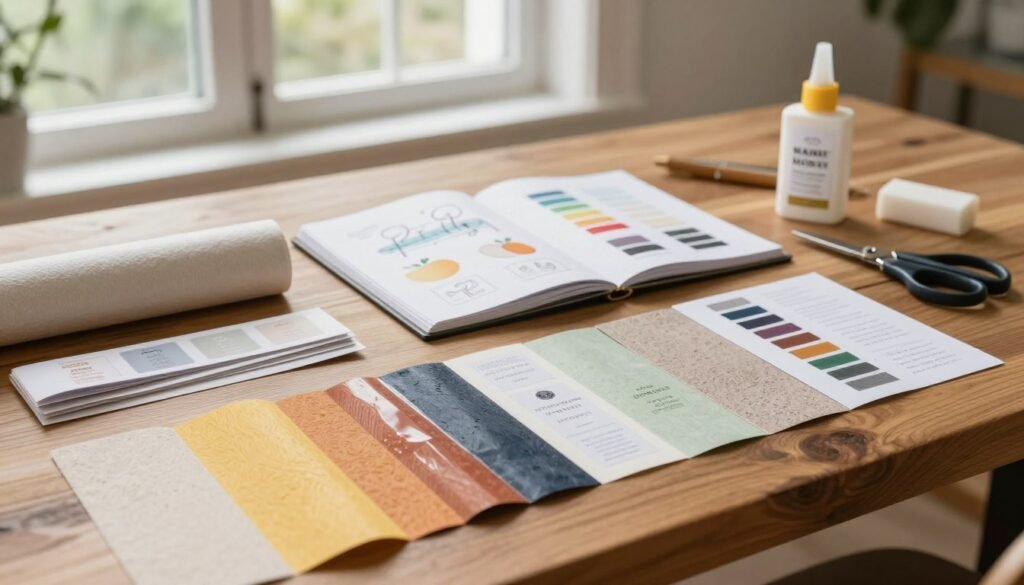 A variety of professional packaging label materials is displayed on a clean, polished wooden tabletop. In the foreground, vivid samples of textured paper, glossy film, and eco-friendly labels are arranged aesthetically, showcasing different colors and finishes. The middle ground features an open sketchbook with design mock-ups and color swatches, surrounded by art tools like scissors and glue. In the background, soft natural light filters through a large window, illuminating the scene and providing a warm, inviting atmosphere. The overall mood is creative and focused, suggesting a professional workspace dedicated to meticulous label design, fit for high-quality honey packaging. The composition highlights the tactile qualities of the materials, embodying craftsmanship and attention to detail.