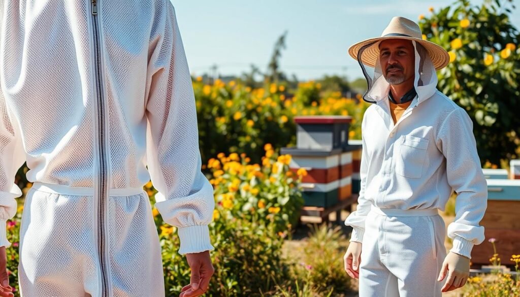 A ventilated bee suit prominently displayed in the foreground, featuring a lightweight, breathable design. The suit is made of white mesh fabric with layered ventilation zones to reflect optimal airflow, showing zippers and elastic wrist and ankle cuffs for comfort. In the middle ground, a beekeeper stands confidently, wearing a wide-brimmed hat with a mesh veil, dressed in professional attire underneath the suit. The background features a sunny apiary, filled with vibrant wildflowers and buzzing bee hives, conveying a warm, summery atmosphere. The lighting is bright and natural, casting soft shadows to highlight the suit's texture, while a slightly elevated angle captures the detail and essential features of the suit. An overall mood of confidence and preparedness in outdoor beekeeping is emphasized.