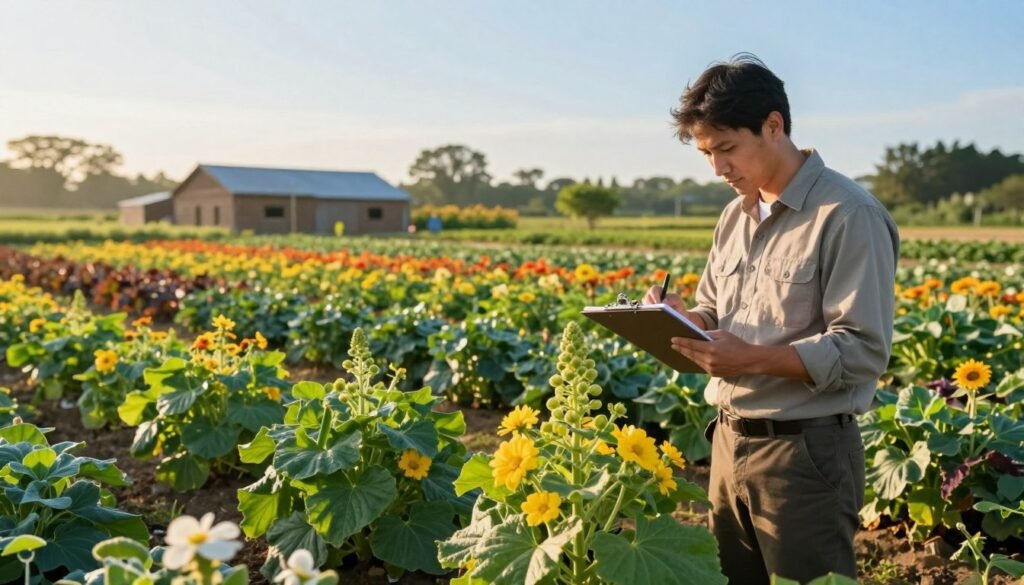 A vibrant agricultural field at sunrise, featuring a diverse landscape of flowering crops, healthy plants, and rows of vibrant colors. In the foreground, a professional grower in neat, modest clothing conducts a detailed inspection with a notebook and clipboard in hand, examining a plant closely. In the middle, several close-up shots of different plant species highlighting their health and vitality. The background displays a serene farm with rustic buildings and lush greenery under a clear blue sky. The lighting is soft and warm, casting gentle shadows, creating an inviting and focused atmosphere that conveys diligence and care in agricultural practices. The composition captures the essence of field inspection techniques, emphasizing professionalism and expertise in growing. A vibrant agricultural field at sunrise, featuring a diverse landscape of flowering crops, healthy plants, and rows of vibrant colors. In the foreground, a professional grower in neat, modest clothing conducts a detailed inspection with a notebook and clipboard in hand, examining a plant closely. In the middle, several close-up shots of different plant species highlighting their health and vitality. The background displays a serene farm with rustic buildings and lush greenery under a clear blue sky. The lighting is soft and warm, casting gentle shadows, creating an inviting and focused atmosphere that conveys diligence and care in agricultural practices. The composition captures the essence of field inspection techniques, emphasizing professionalism and expertise in growing.