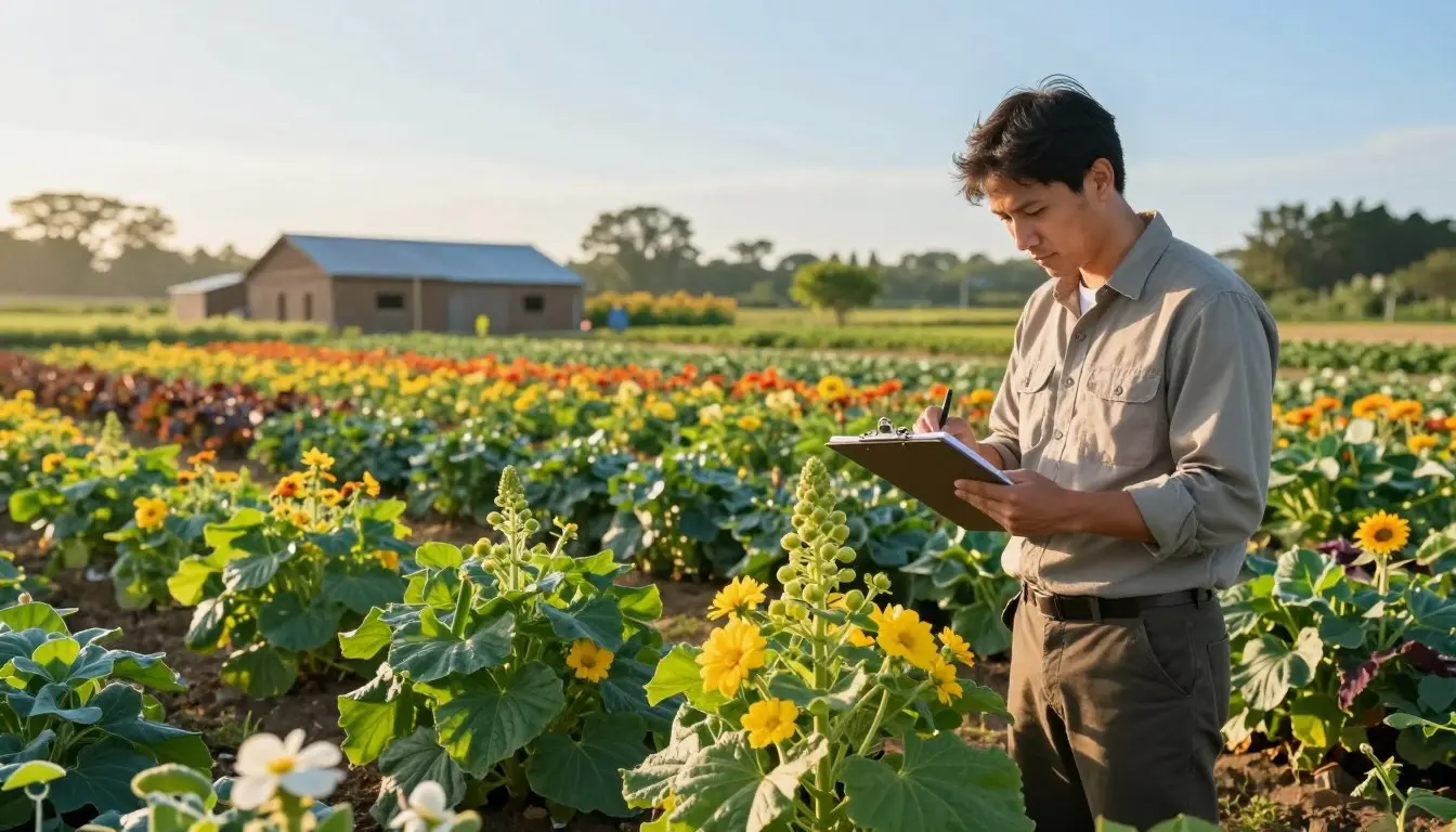 A vibrant agricultural field at sunrise, featuring a diverse landscape of flowering crops, healthy plants, and rows of