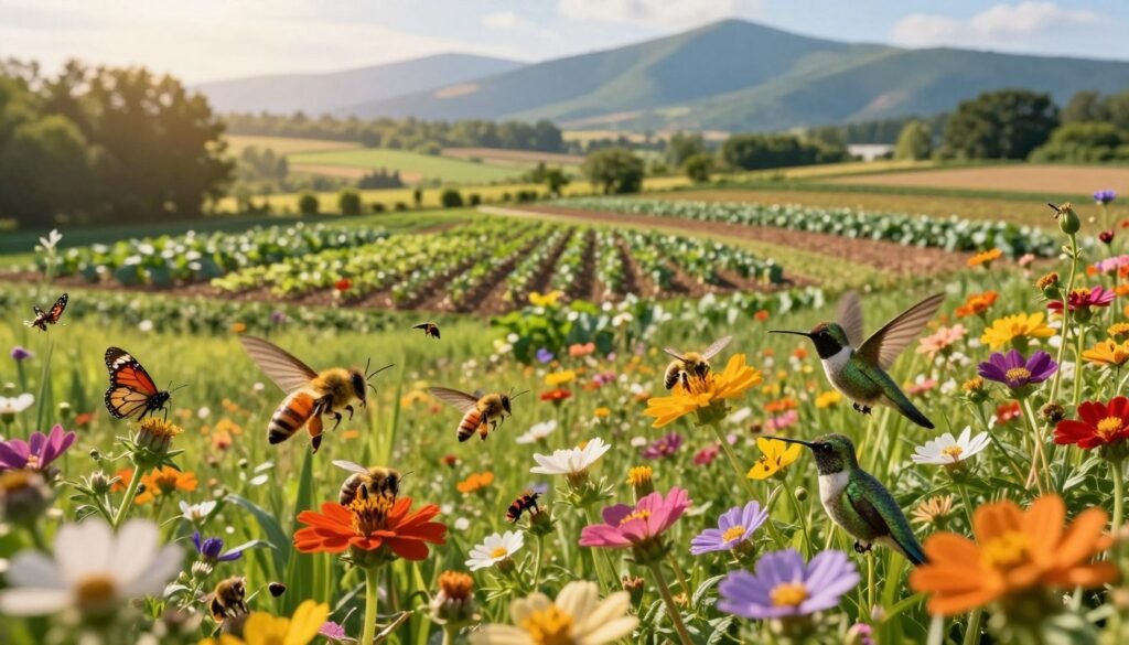 A vibrant agricultural landscape depicting a diverse array of pollinators—the foreground features several types of bees, butterflies, and hummingbirds hovering around colorful wildflowers, showcasing the importance of these creatures in pollination. In the middle ground, there are several well-tended farms with neat rows of crops, illustrating the potential inventory of resources. Lush greenery surrounds the fields, with trees and hedgerows providing vital habitats for pollinators. In the background, a distant mountain range adds depth to the scene, illuminated by warm, golden sunlight, creating an inviting atmosphere that highlights the interconnectedness of farming and pollinator health. The image is captured from a low angle, emphasizing the vibrancy of the flowers and the activity of the pollinators. A vibrant agricultural landscape depicting a diverse array of pollinators—the foreground features several types of bees, butterflies, and hummingbirds hovering around colorful wildflowers, showcasing the importance of these creatures in pollination. In the middle ground, there are several well-tended farms with neat rows of crops, illustrating the potential inventory of resources. Lush greenery surrounds the fields, with trees and hedgerows providing vital habitats for pollinators. In the background, a distant mountain range adds depth to the scene, illuminated by warm, golden sunlight, creating an inviting atmosphere that highlights the interconnectedness of farming and pollinator health. The image is captured from a low angle, emphasizing the vibrancy of the flowers and the activity of the pollinators.